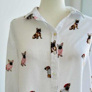 Jane + Delancey Warm White French Bulldog Print Rayon Button-Front Shirt – US S